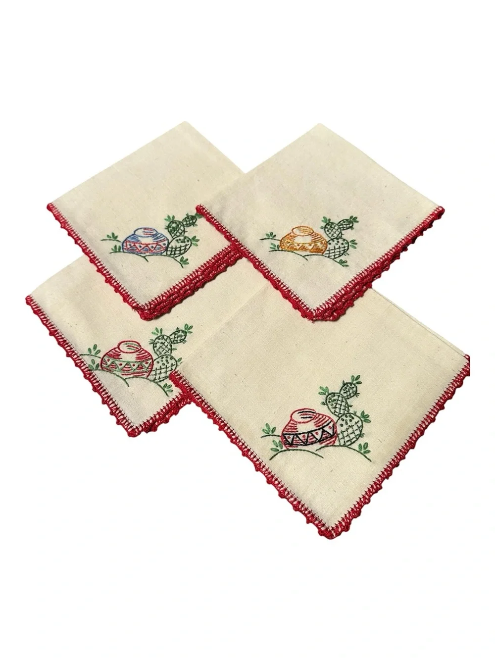 Embroidered Cactus Napkin Set with Red Crochet Edge